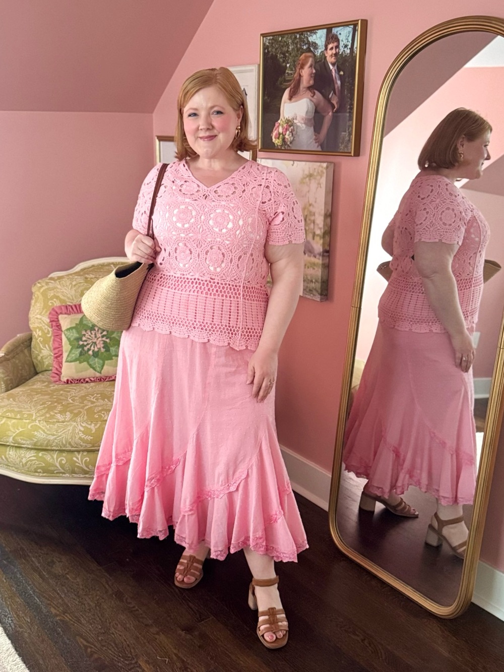 Roaman’s Pink Crochet Top + Boho Skirt Set